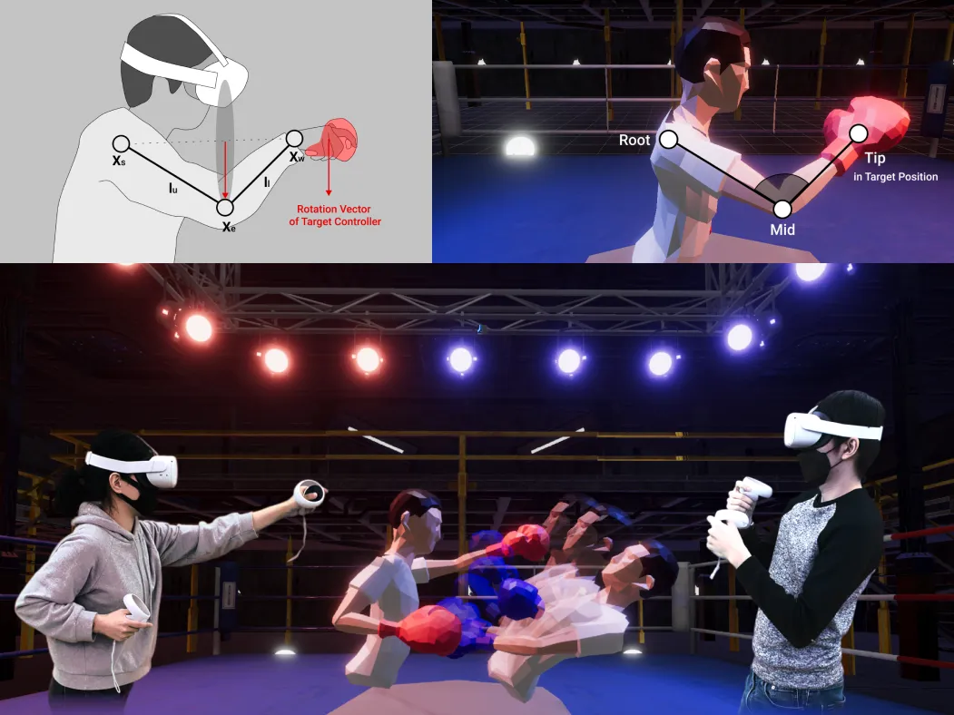 Two players boxing in VR through physics-based characters, with the controller-driven arm model shown above