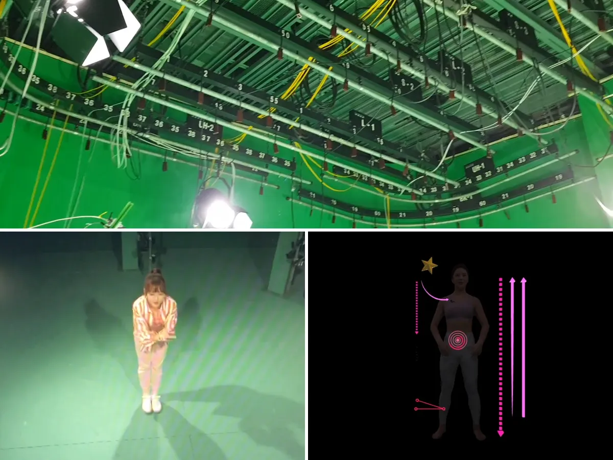 The camera array ringing the green-screen capture studio, a performer being captured, and AR graphic effects added to the capture in Unity