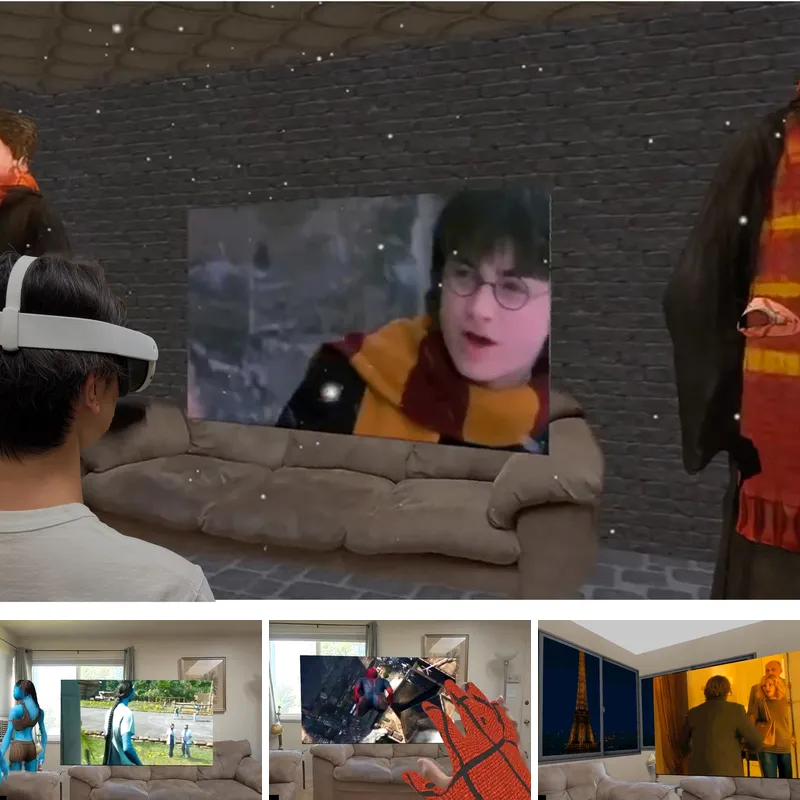 A viewer in a Quest 3 watching a movie while the room is augmented with matching 3D content